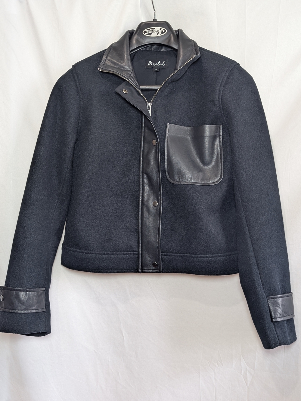 Marled Cropped Faux Leather Trim Moto Jacket Black S